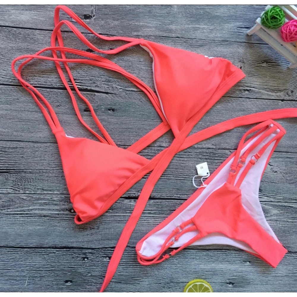 Pink crisscross tieback cheeky bikini